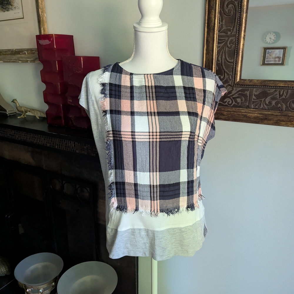 Postmark Anthropologie Wmns XS Hammon Plaid Knit Mixed Print Fringe Tee
